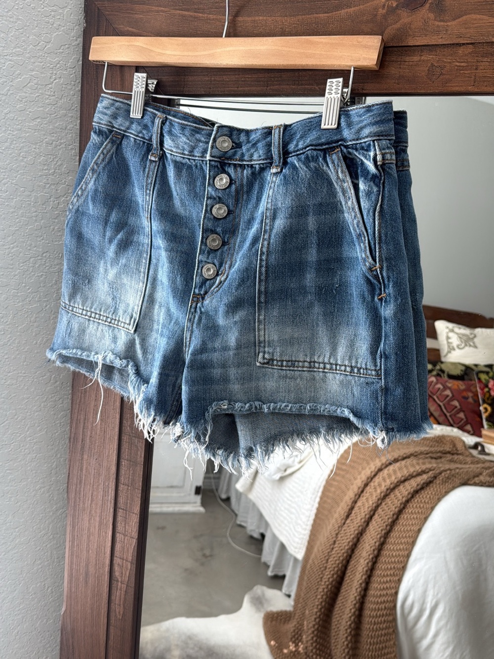 Free People Washed Blue Button-Front Denim Shorts